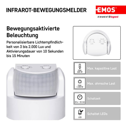 EMOS Infrarot-Bewegungsmelder IP65 für Innen und Außen, 180°, 12m Reichweite