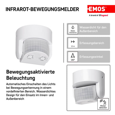 EMOS Infrarot-Bewegungsmelder IP65 für Innen und Außen, 180°, 12m Reichweite